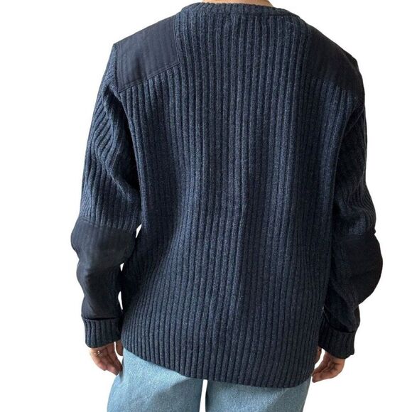 LL Bean Mens 100% Lambs Wool Ribbed Navy Blue Elbow Patch Crewneck Sweater Sz L - Picture 6 of 6